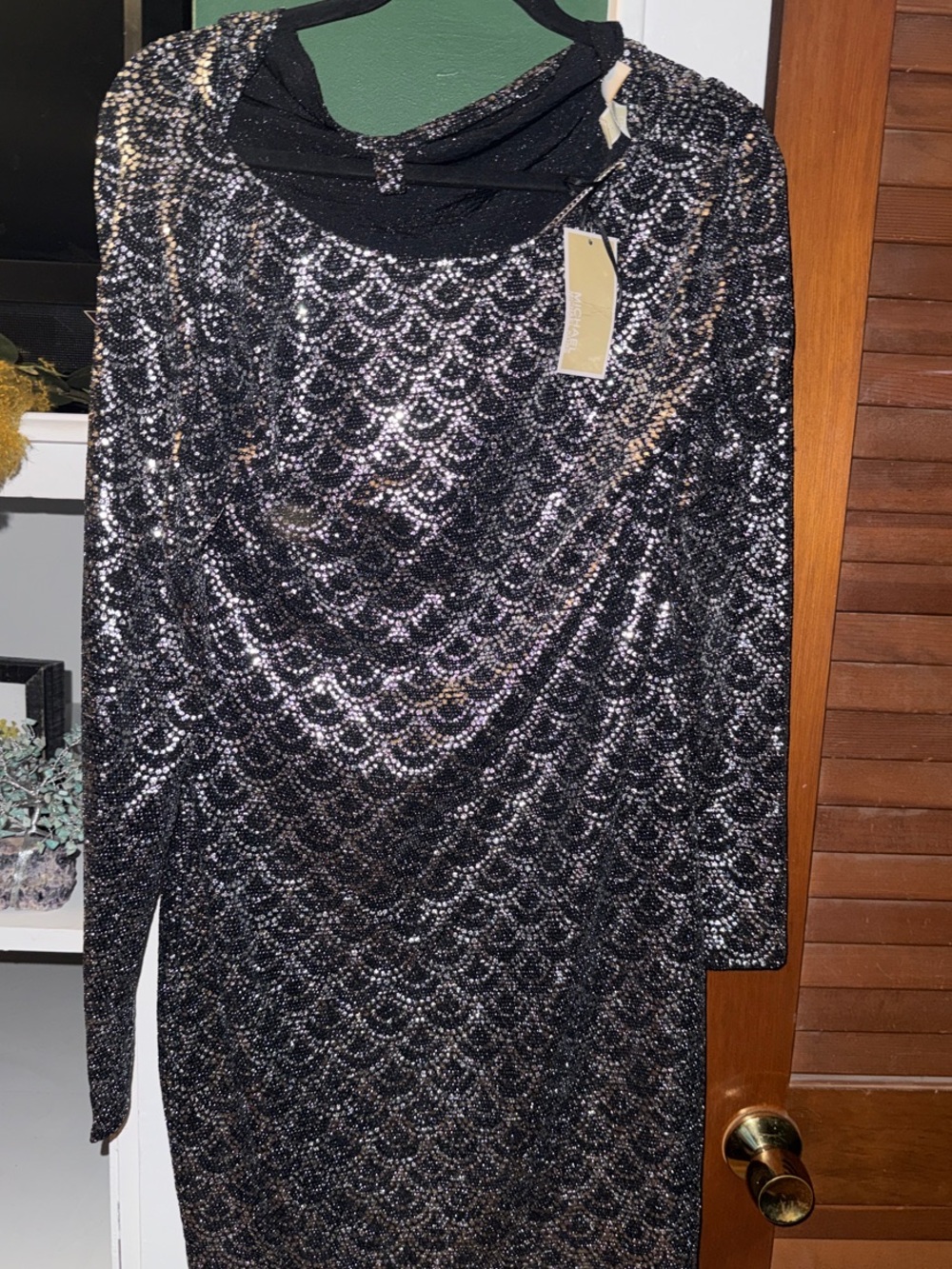 Michael Kors Black Sequin Long Sleeve Draped Dress